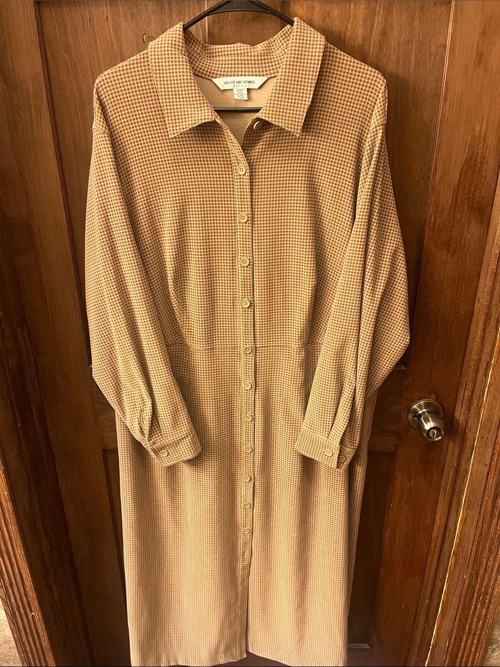 Vintage August Max Small Tan Check Button-Front Long Sleeve Dress